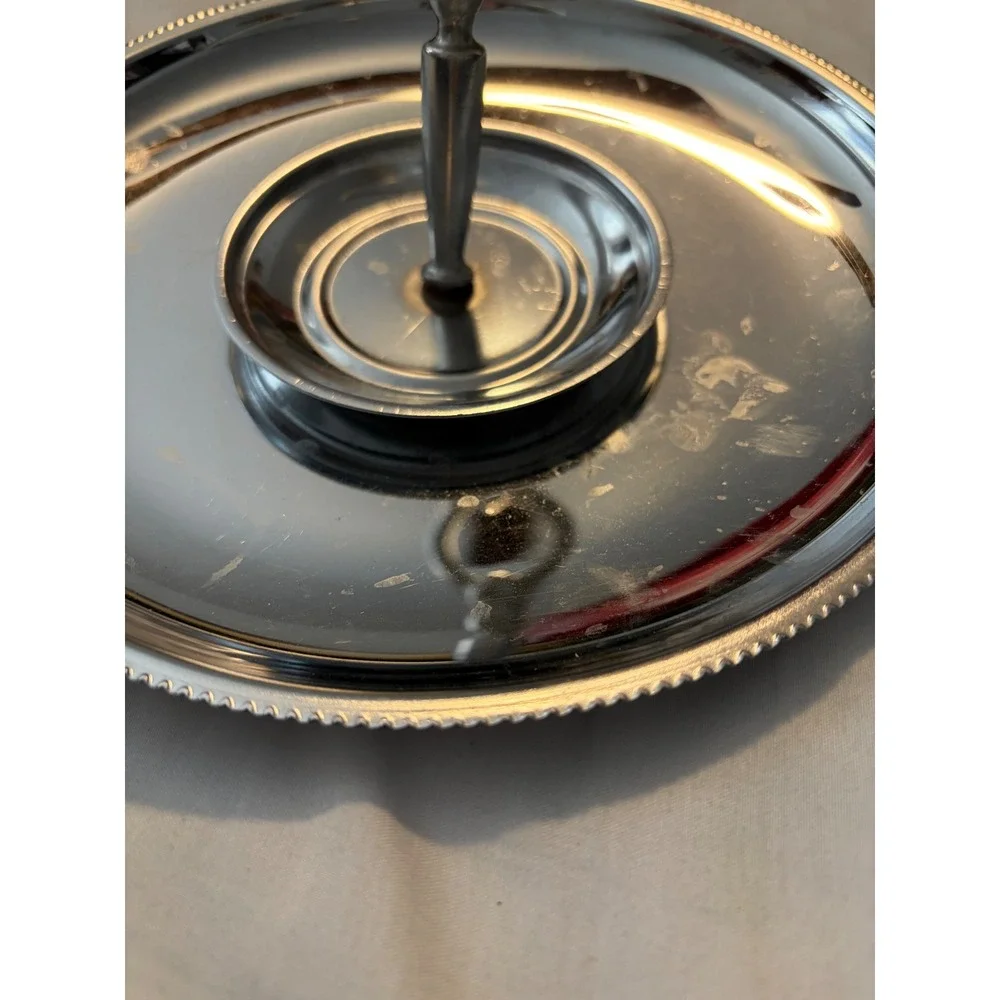 2-Tier Chrome Dessert Stand Beaded Rim Center Handle Silver Arrives Disassembled